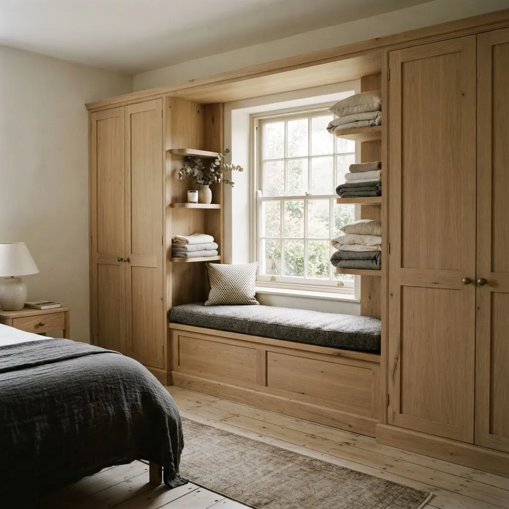 Fitted oak wardrobes wrapping an alcove around a window with an oak window seat