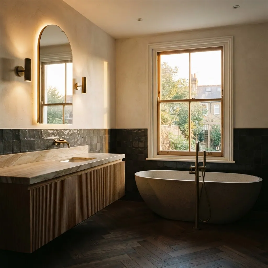 Modern bathroom with a fluted oak vanity, veined marble top, brass fittings, zellige tiles and a freestanding stone bath