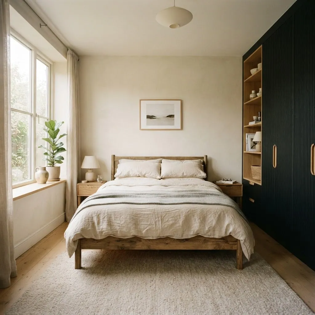 Calm bedroom with matte black fitted wardrobes, oak cut-out handles and oak open shelving