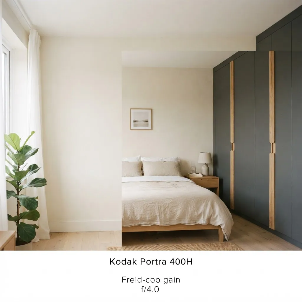 Floor-to-ceiling fitted matte wardrobes with light oak accents beside a made bed