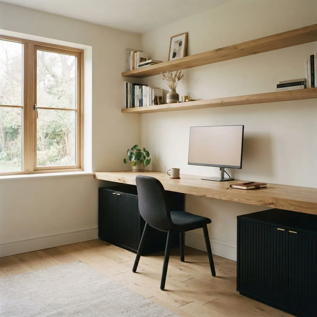 Home office with a built-in solid oak desk, black fluted cupboards and oak shelving above
