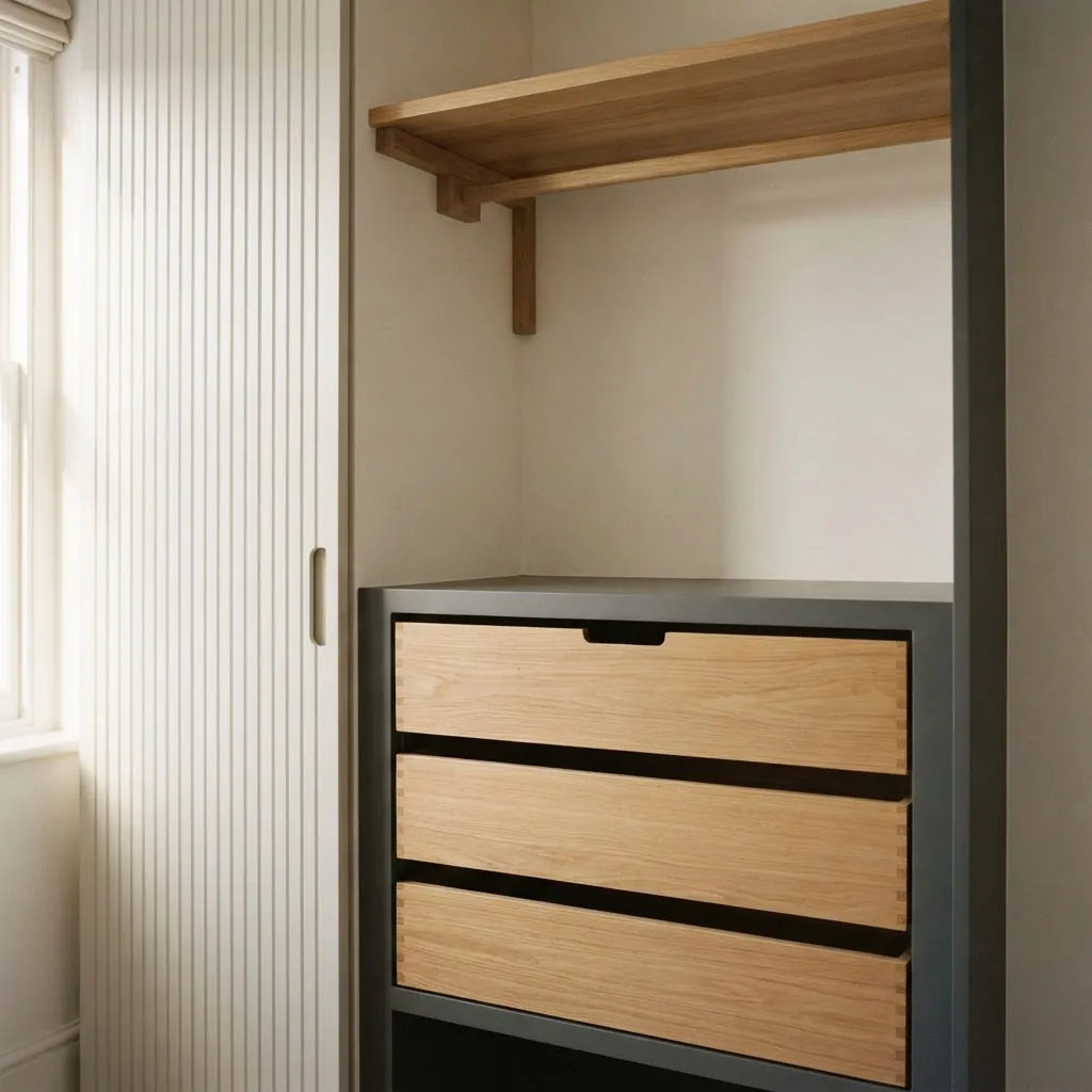 Open fitted wardrobe interior with oak hanging rails, drawers and shelves in a matte black frame