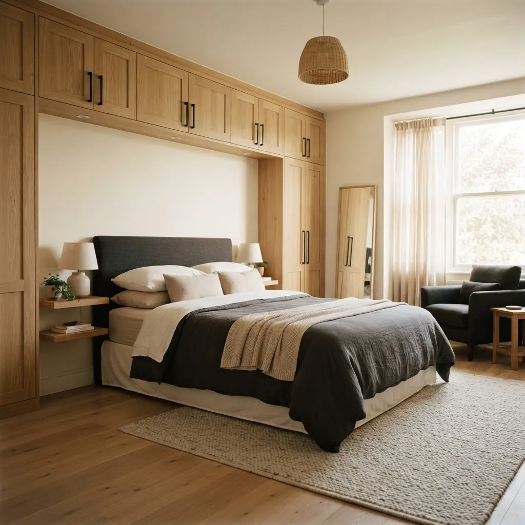 Wide bedroom with a full wall of fitted oak-fronted wardrobes and a made bed