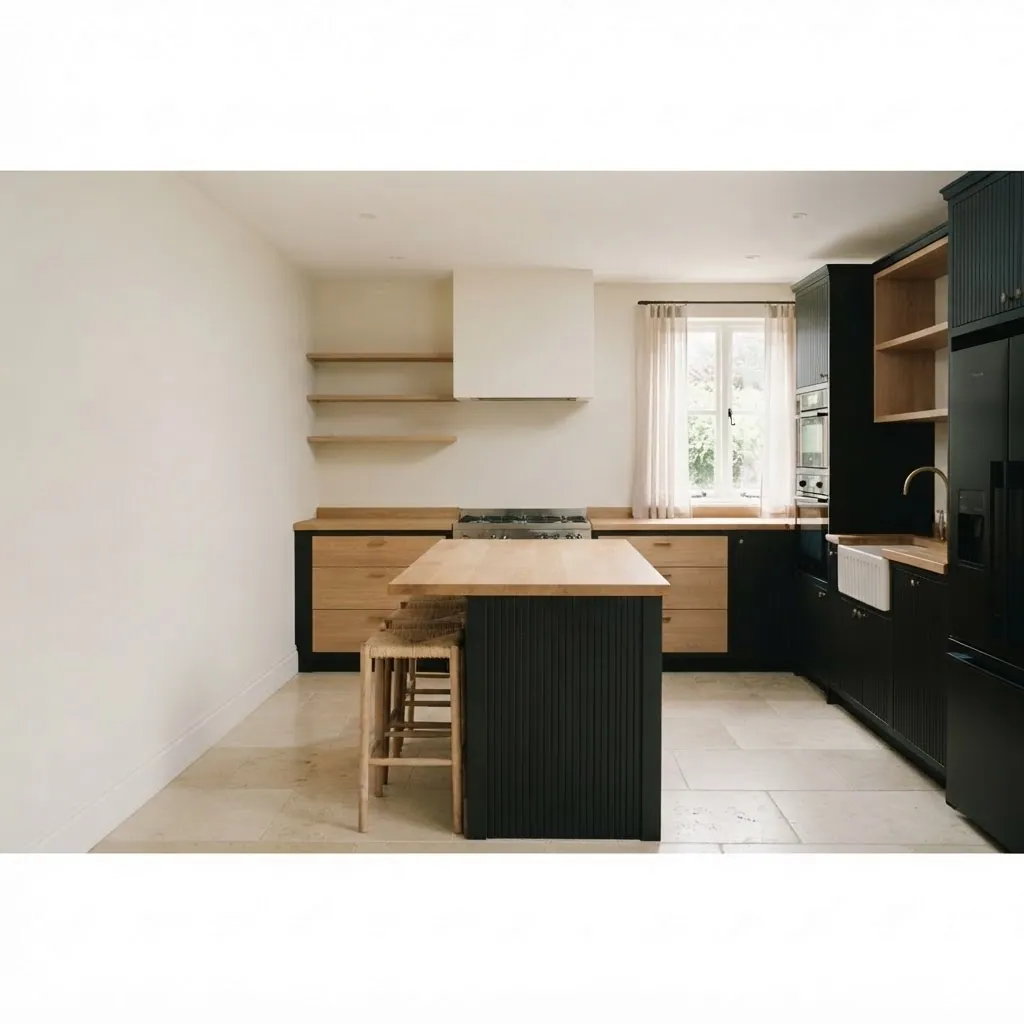 Pre-built kitchen with a central island, matte black fluted cabinetry, oak drawer fronts and an oak worktop