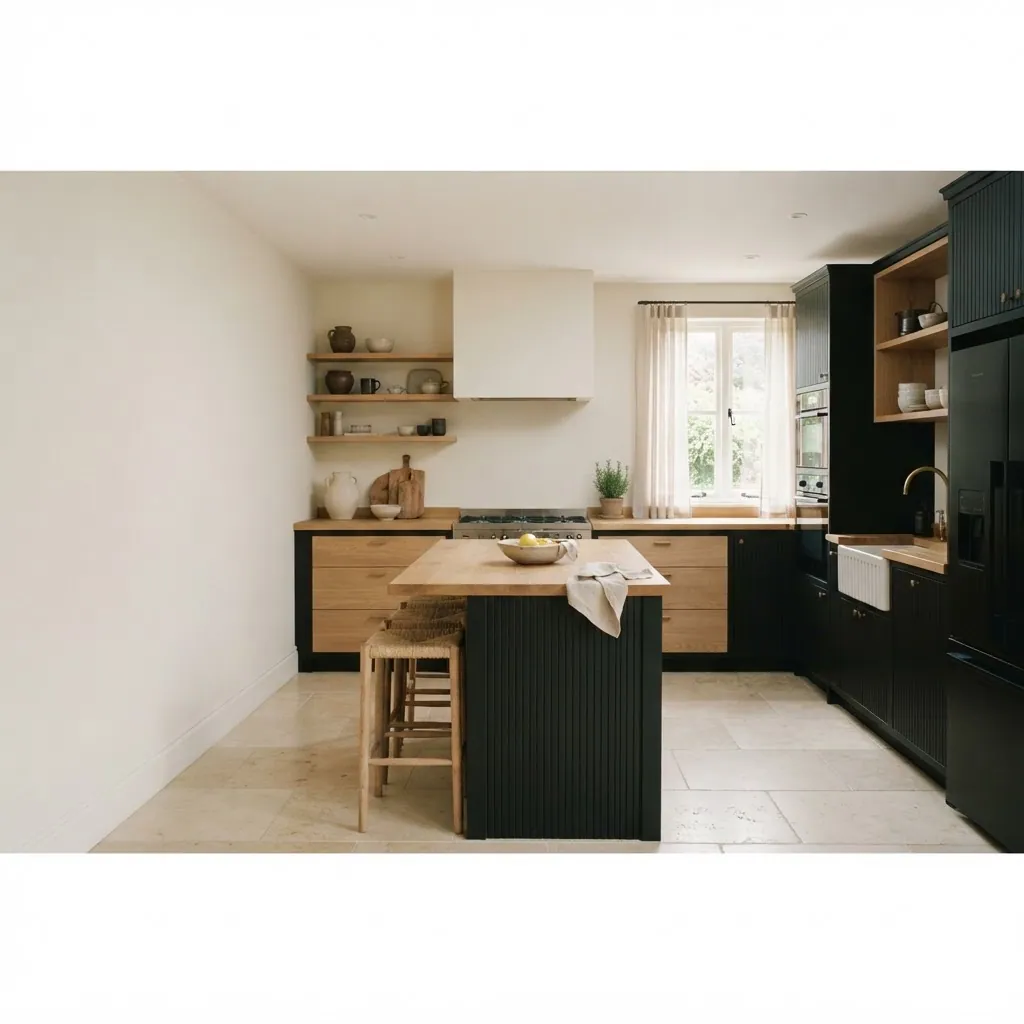 Pre-built kitchen with a central island, matte black fluted cabinetry and oak fronts