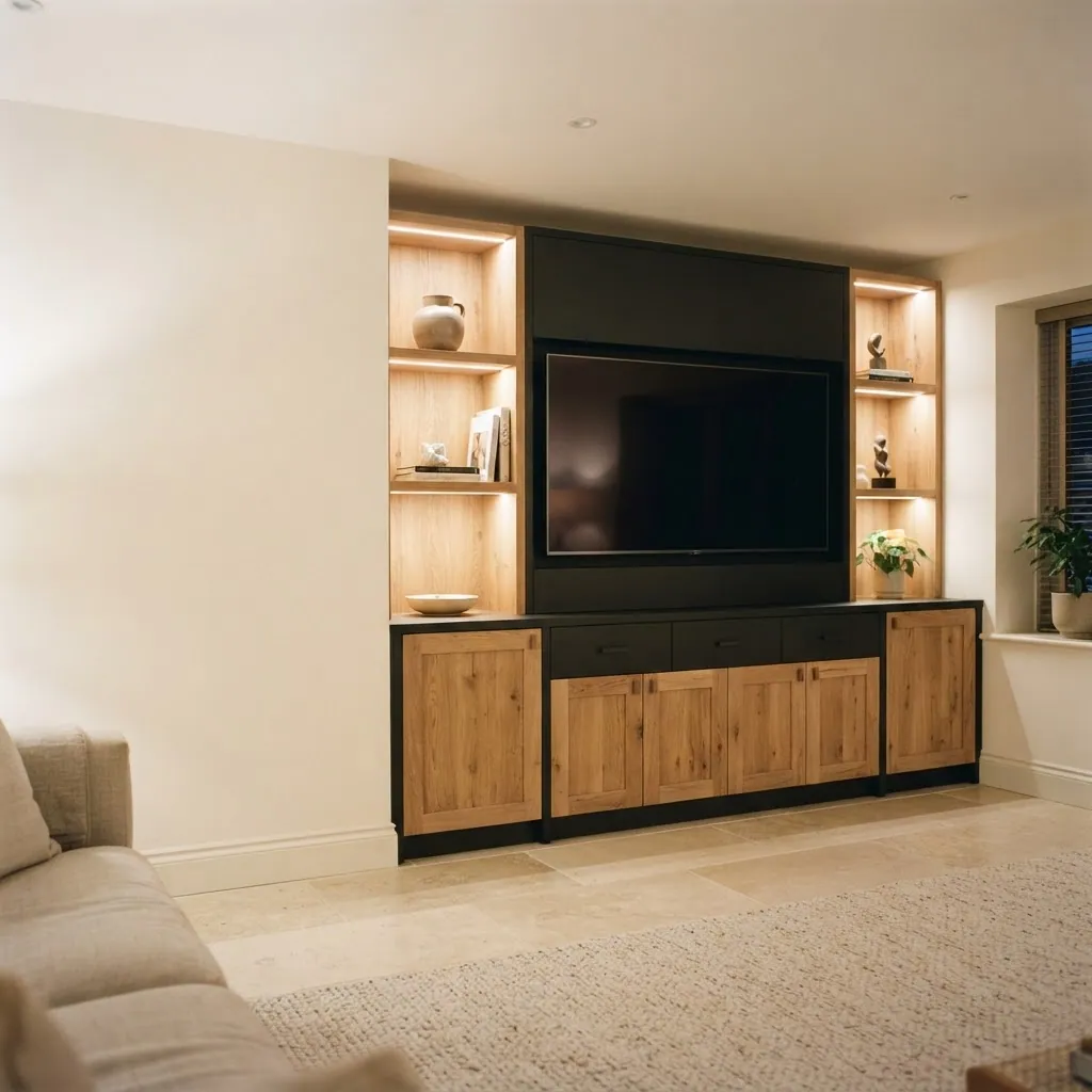 Media wall with TV, lit oak shelving and closed storage below