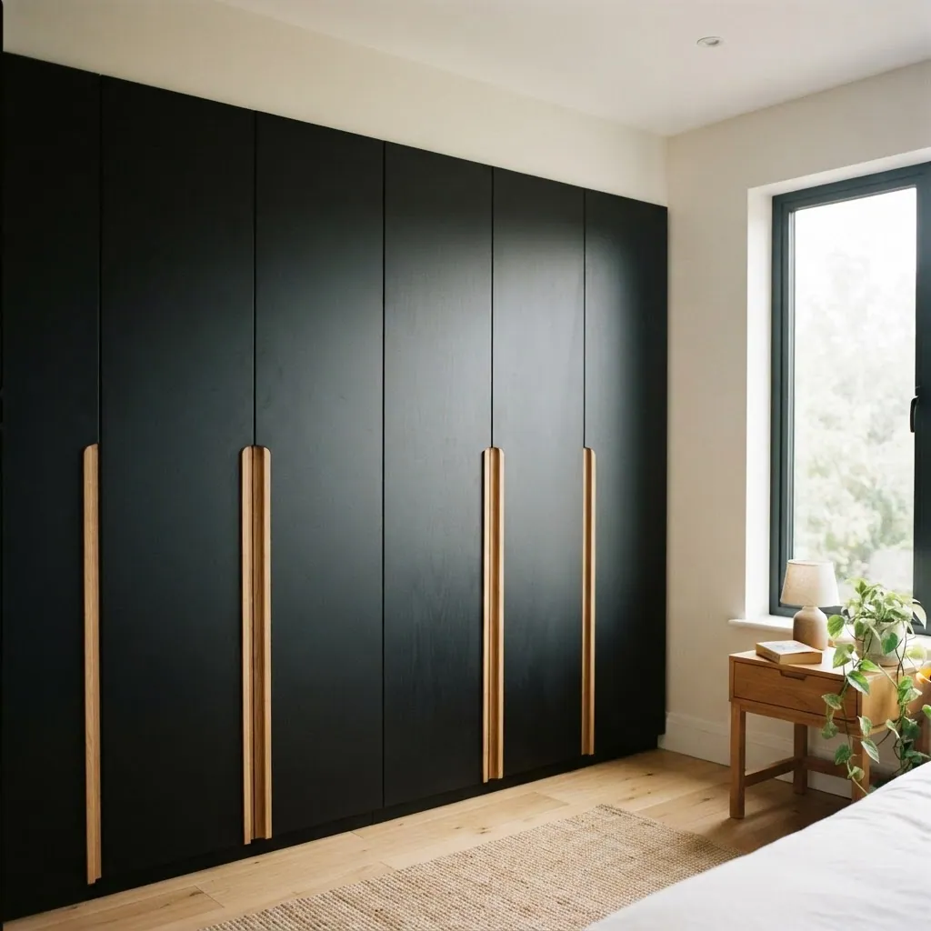 Floor-to-ceiling fitted matte wardrobes with light oak accents and cut-out handles