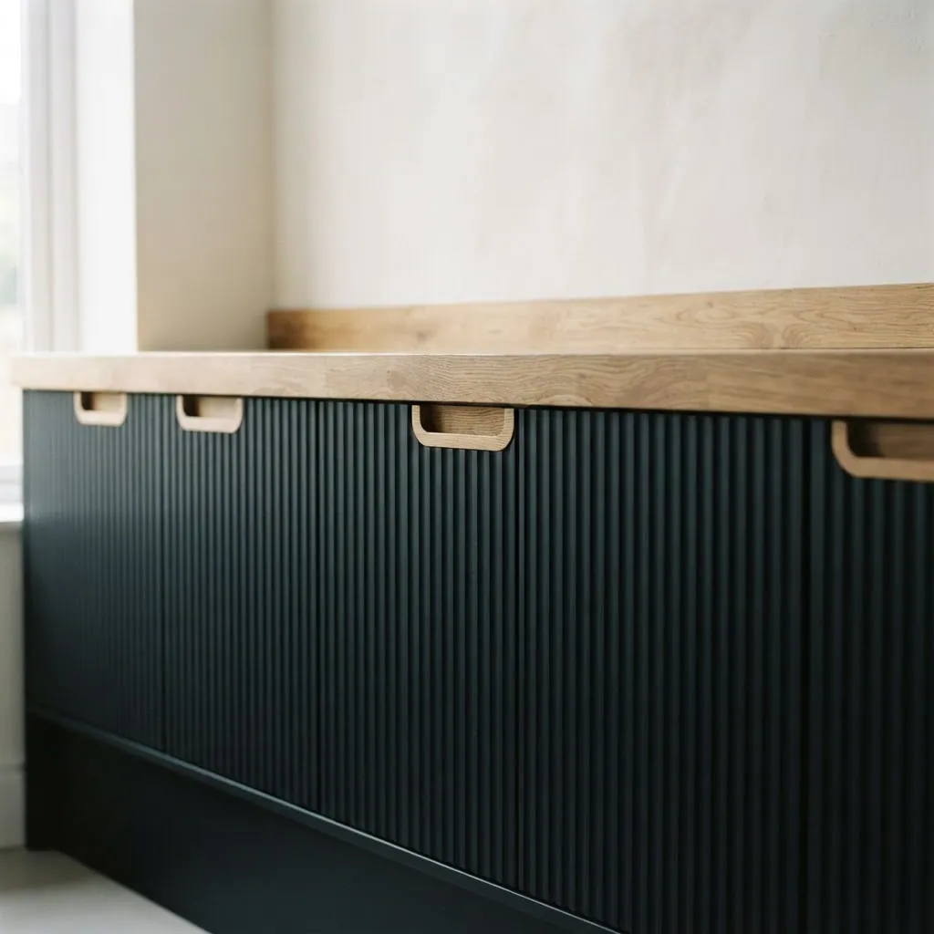Close detail of light oak cut-out finger-pull handles on a matte black fluted kitchen cabinet