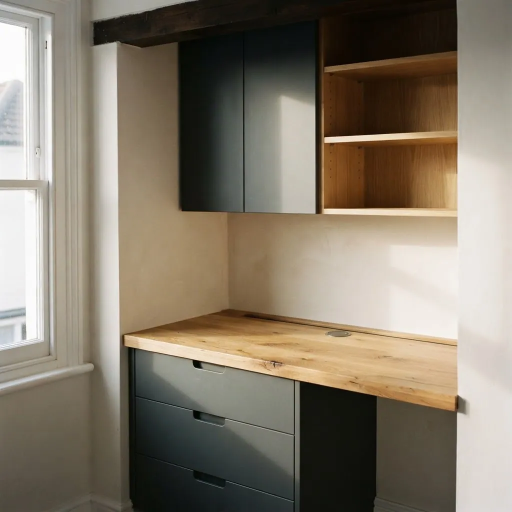 Built-in oak desk with drawer bank, cable grommet and open shelving fitted into an alcove