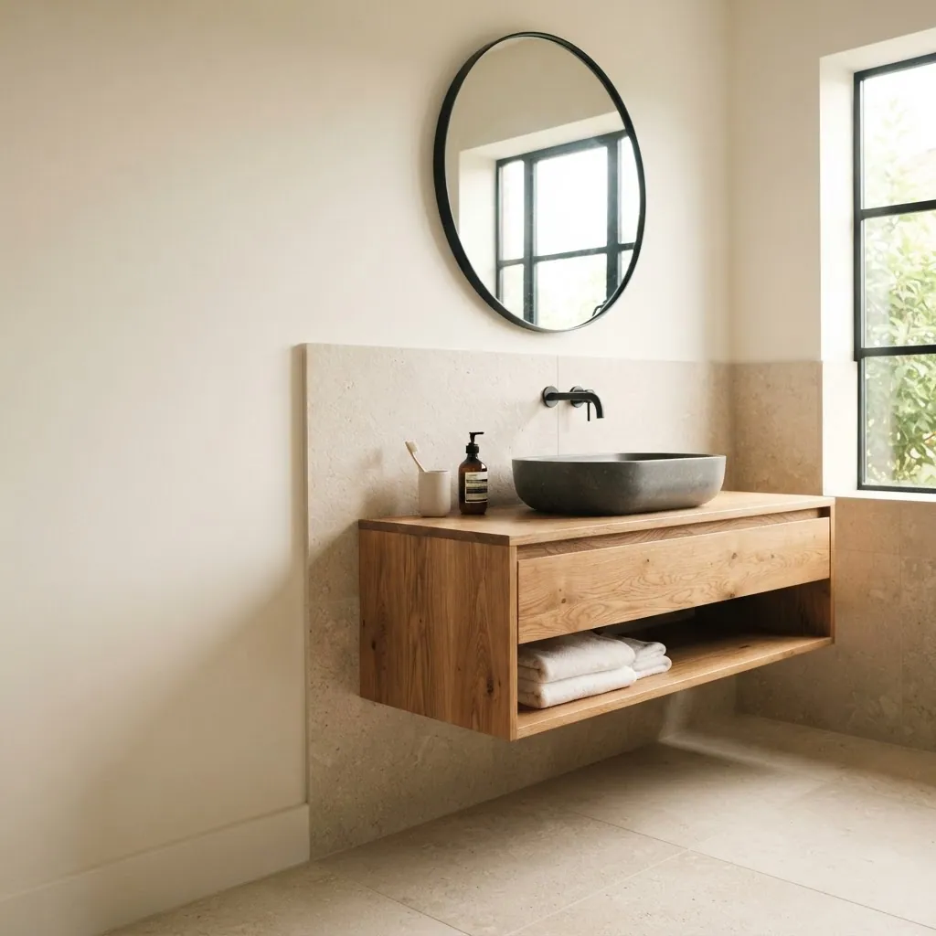 Oak floating vanity with stone-effect tiles and a matte black tap