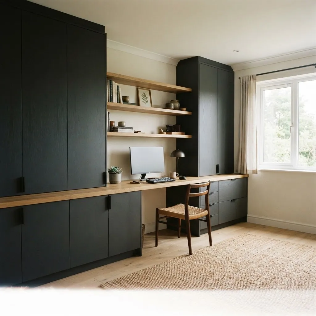 Wide fitted home office running the length of a wall with oak desk and shelving