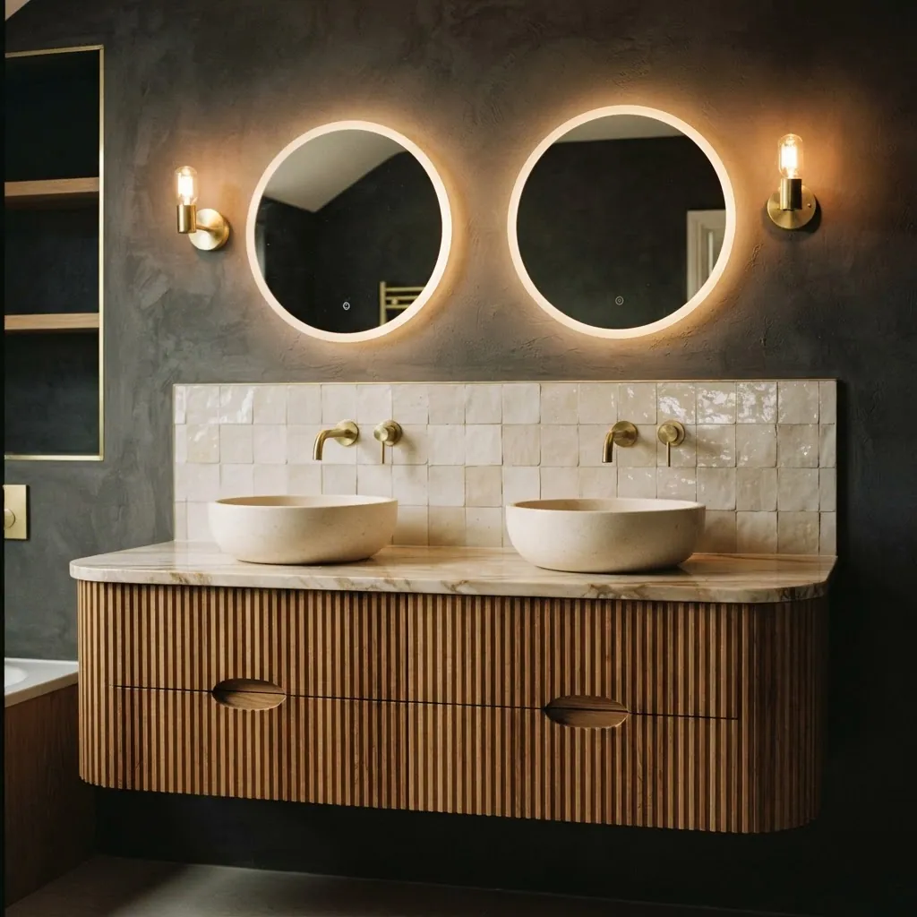 Fluted oak double vanity with marble top, brass taps and backlit round mirrors
