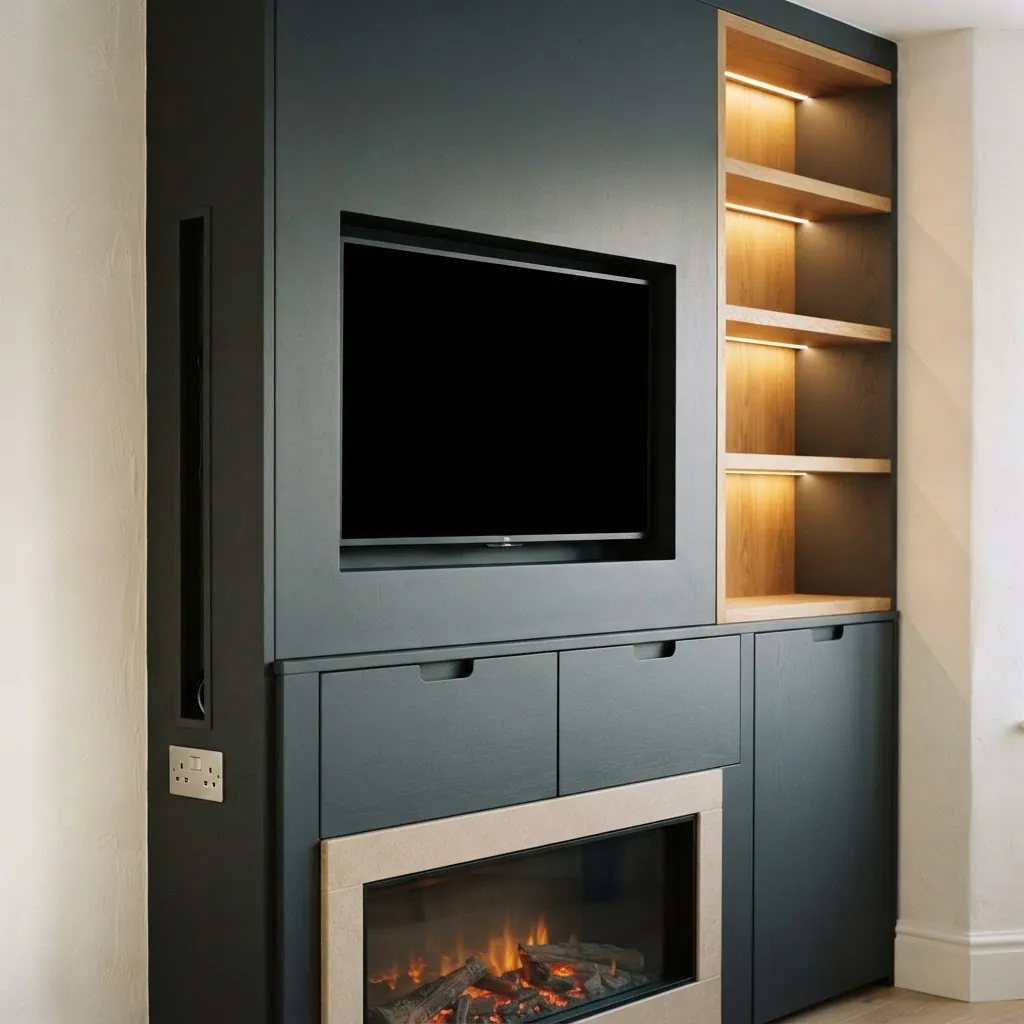 Media wall detail with flush TV recess, lit oak shelving, closed cupboards and an integrated electric fire