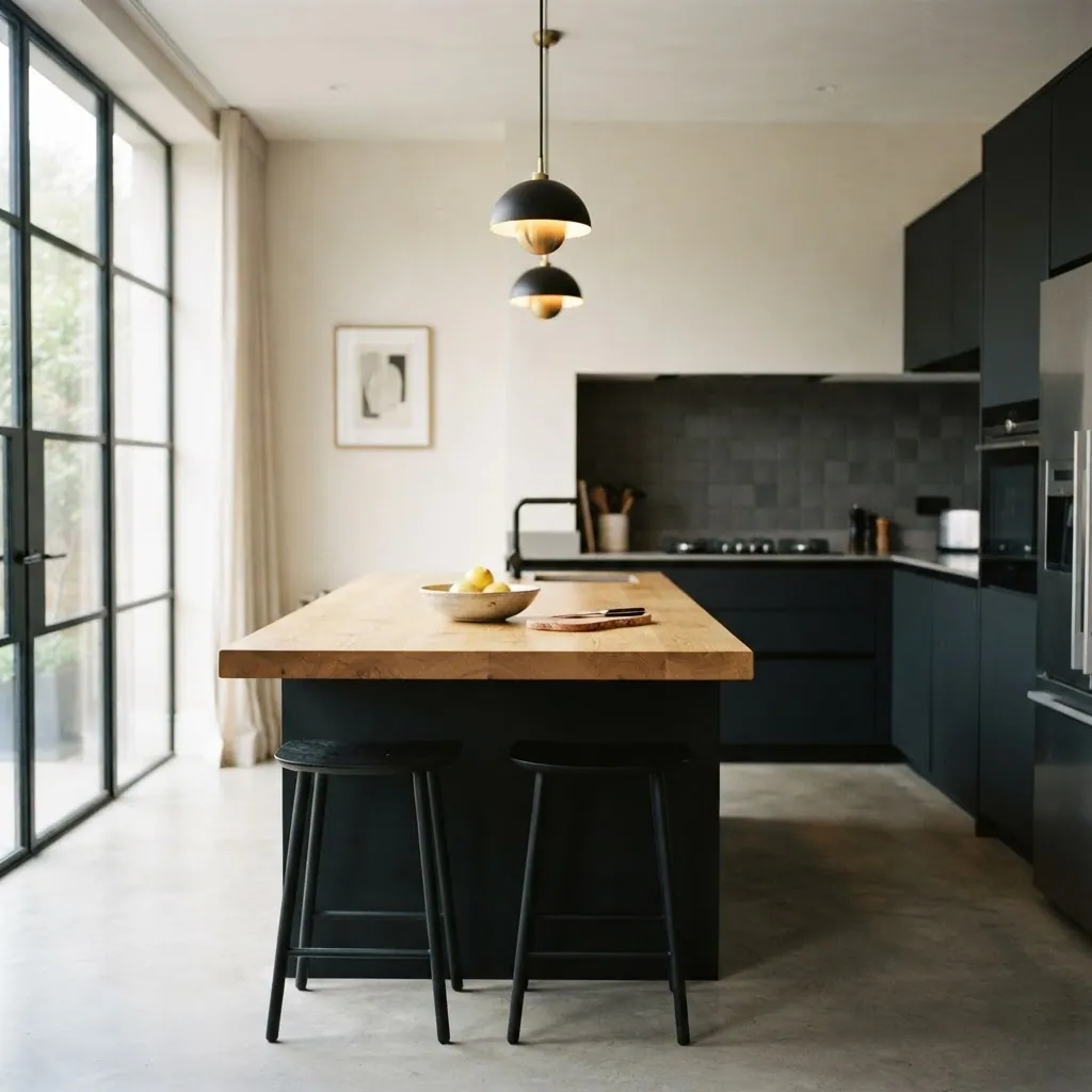 Pre-built kitchen with a central oak island, pendant ceiling lights and stools