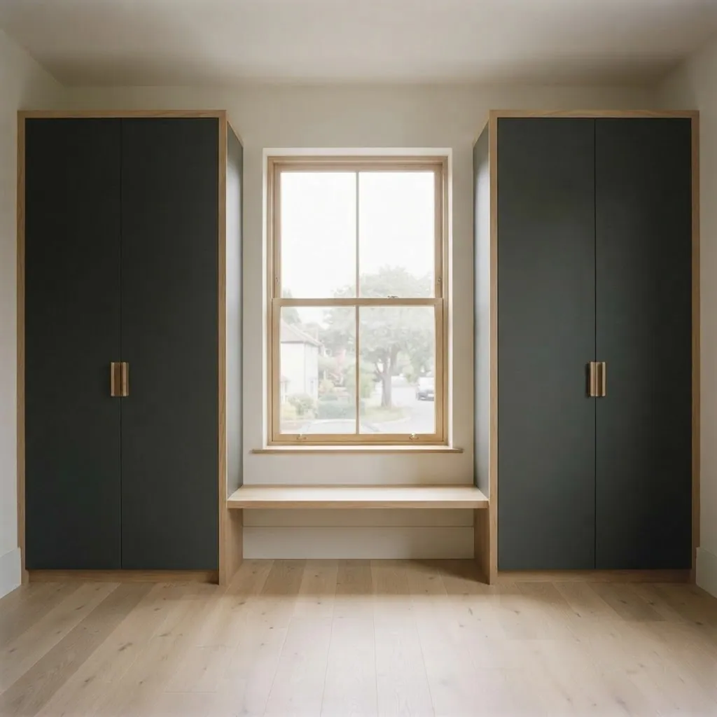 Fitted matte wardrobes with light oak detailing framing a window with a sheer curtain