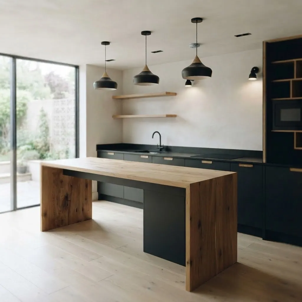 Matte black handleless fitted kitchen with an oak breakfast bar peninsula and open oak shelves