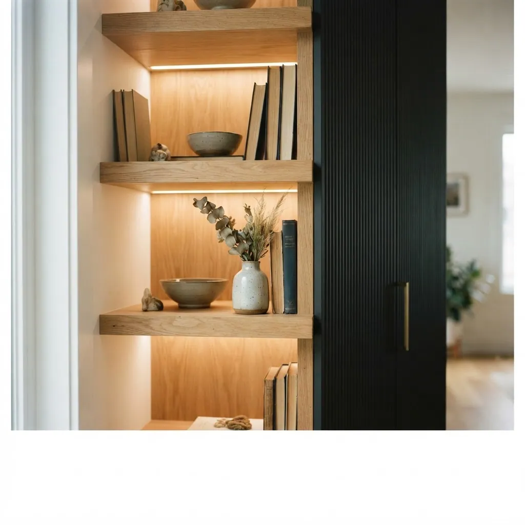 Close detail of warm LED-lit oak shelving with books and ceramics beside matte black fluted cabinetry