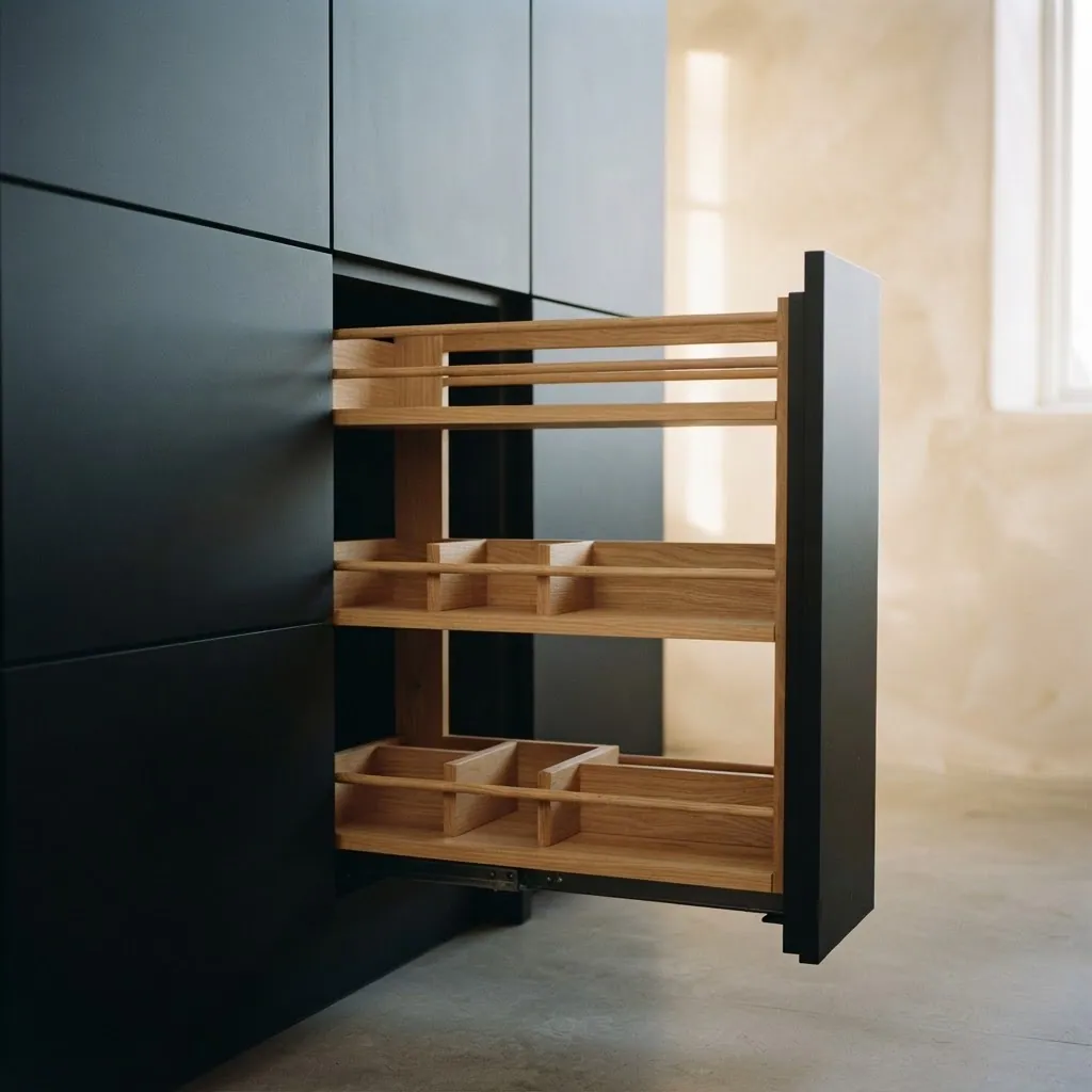 Pull-out oak storage rack inside matte black fitted kitchen cabinetry