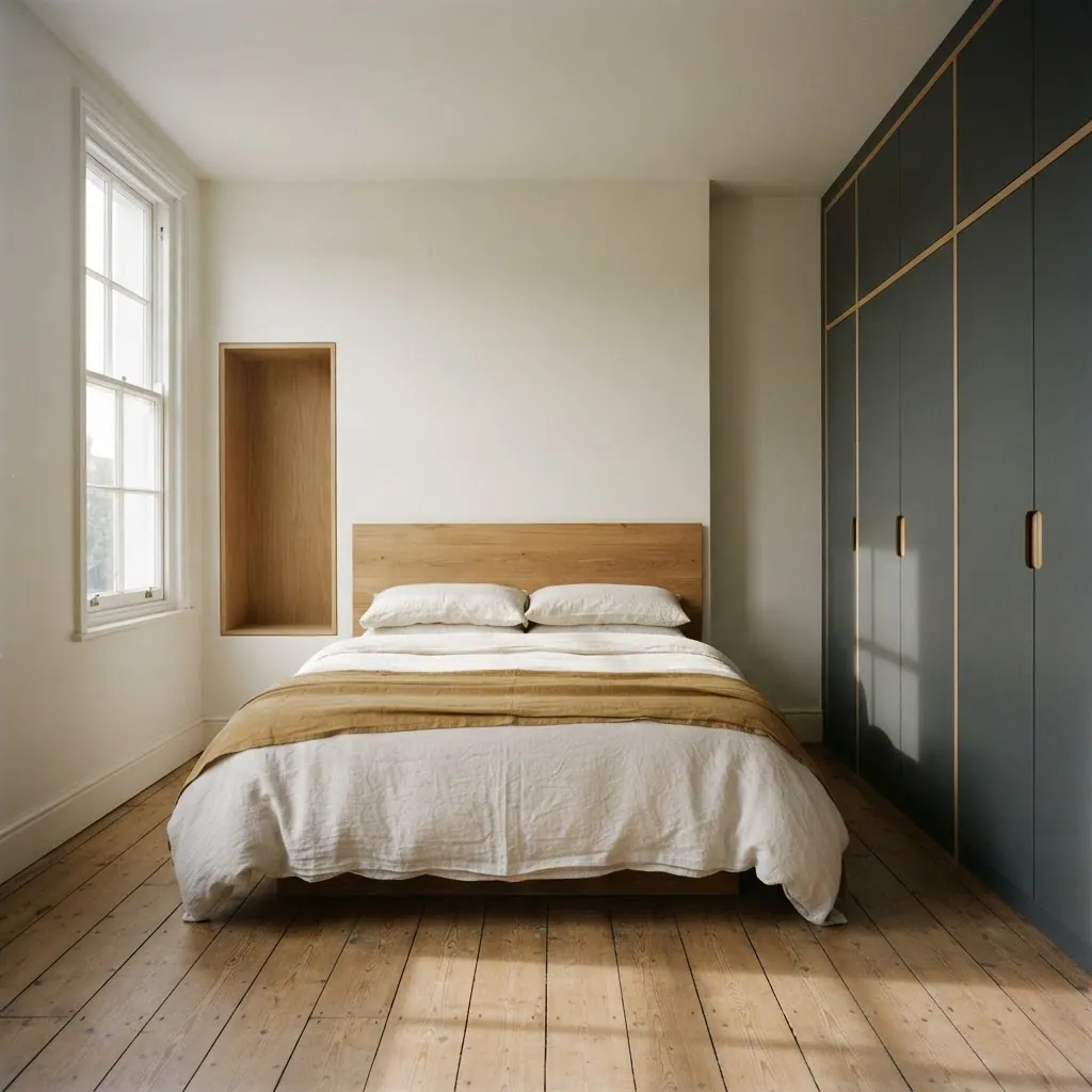Calm bedroom with floor-to-ceiling fitted matte wardrobes with light oak accents beside a made bed