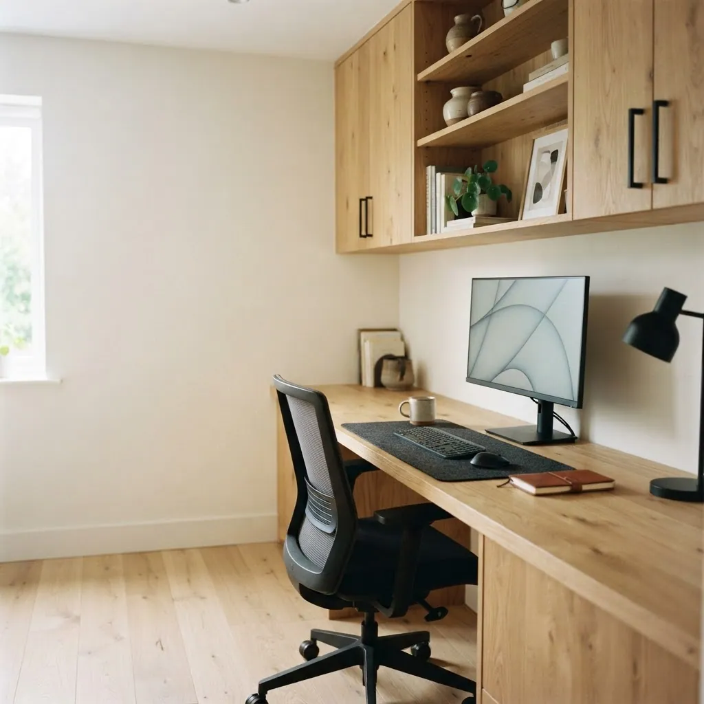 Built-in oak desk with monitor and storage in a home office