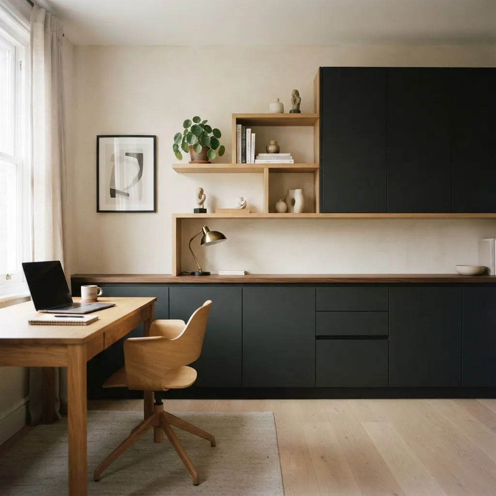 Fitted home office wall with closed matte cupboards and light oak open shelving