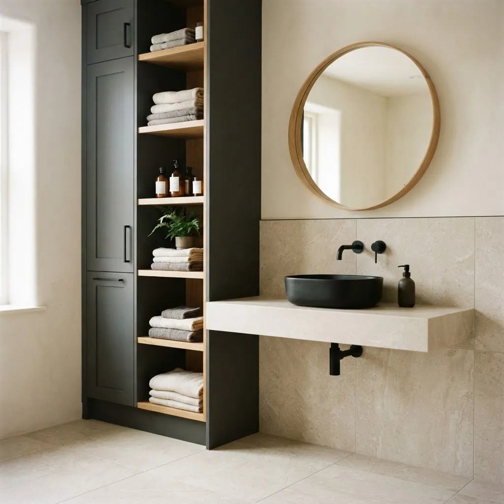 Tall matte storage unit with light oak shelving beside a wall-mounted basin and oak-framed mirror