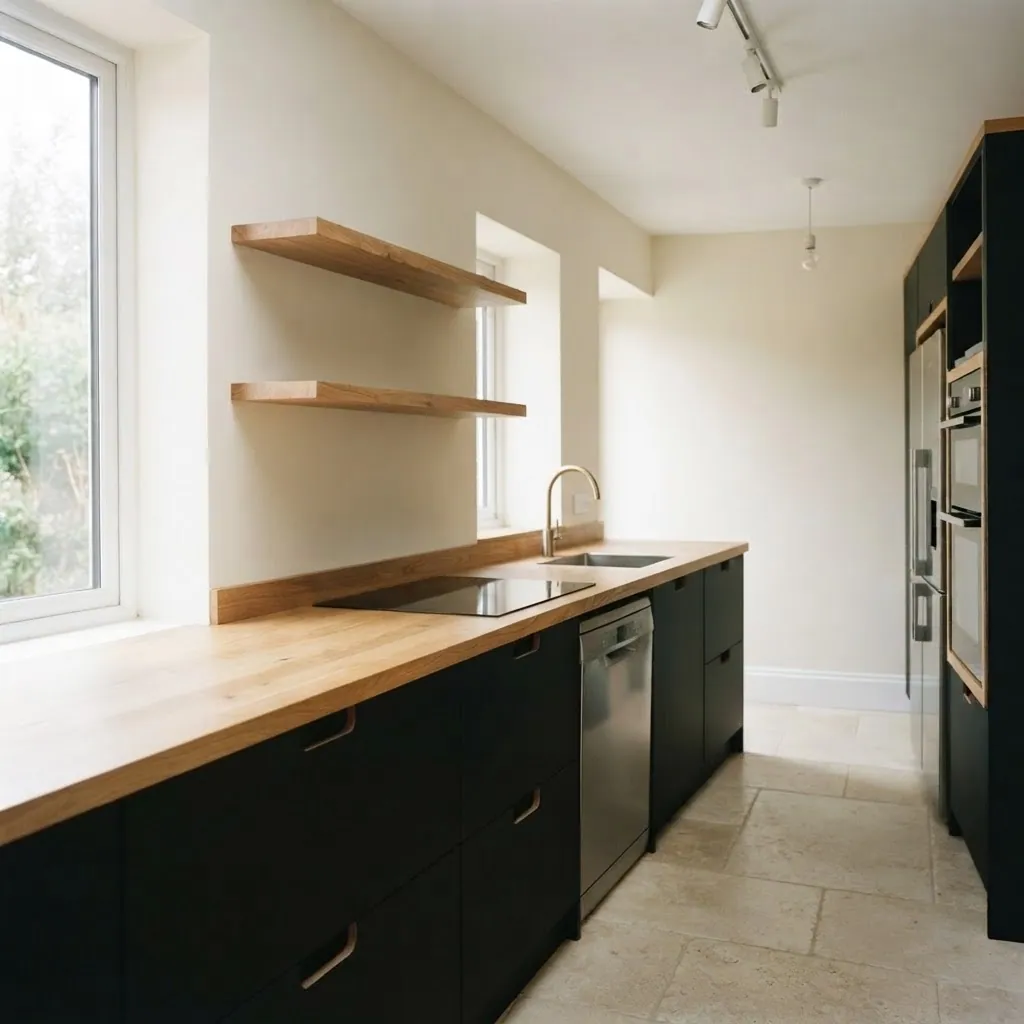 Galley kitchen run with matte black base units and open oak shelving