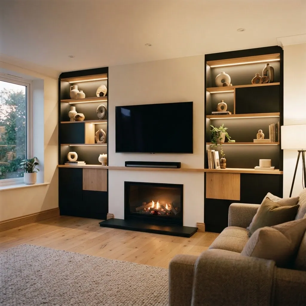 Wide full-wall media unit with a central TV, oak shelving and warm LED lighting