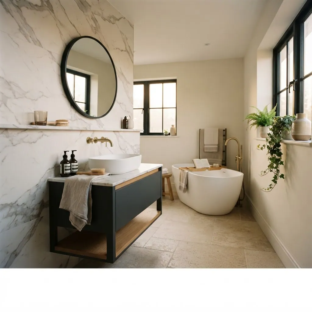 Wide modern bathroom with marble-effect tiles, charcoal vanity with oak detailing and a freestanding bath